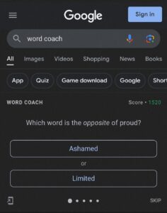 Google word coach game in action