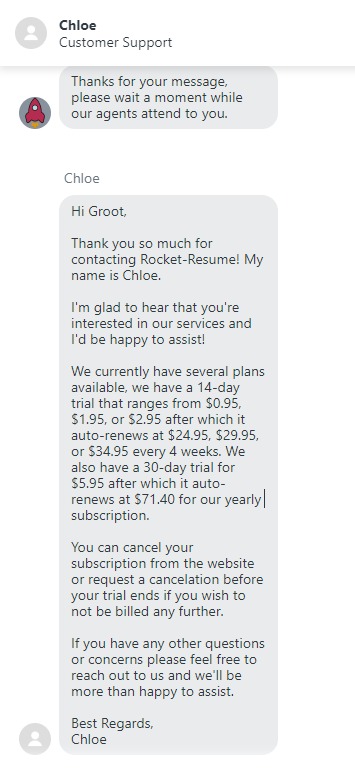 Pricing Rocket Resume Snip from Support